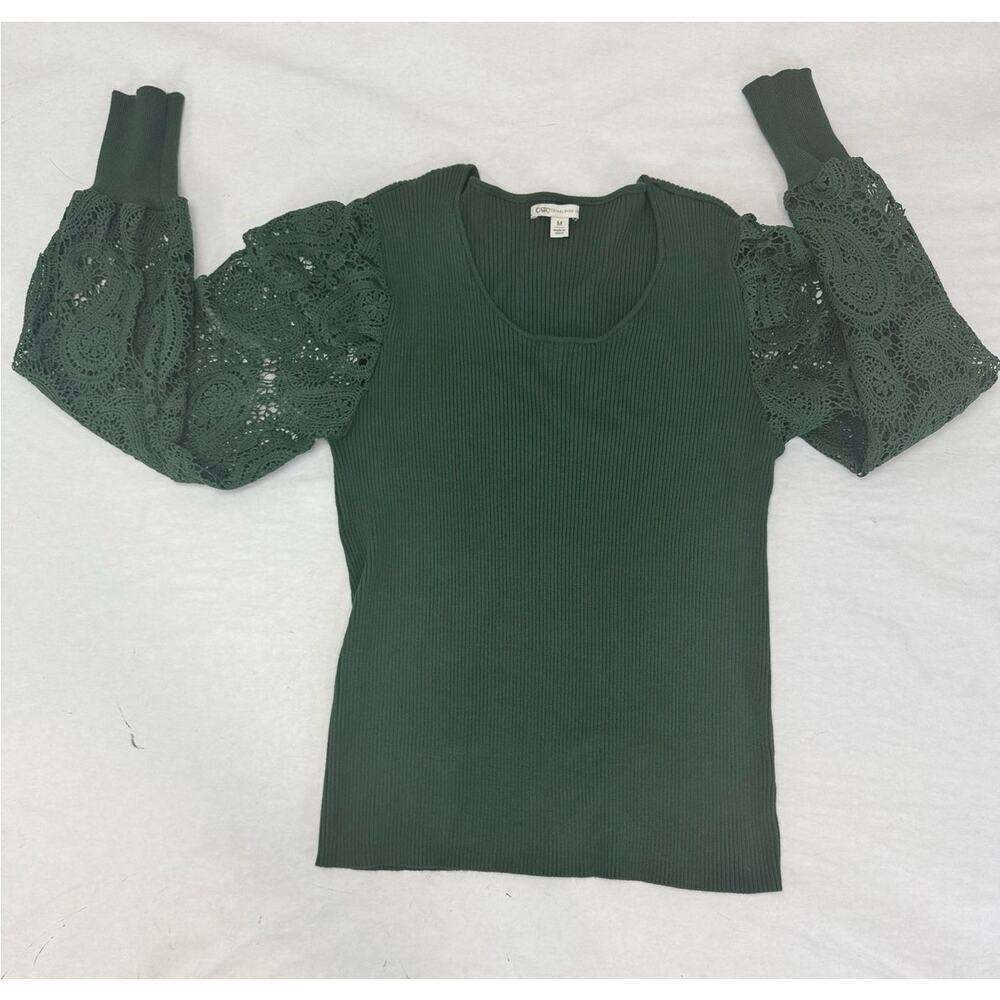 Eyelet Lace Sweater Long Sleeve Lightweight Puff Sleeve Green Cato Women Medium - Picture 6 of 8